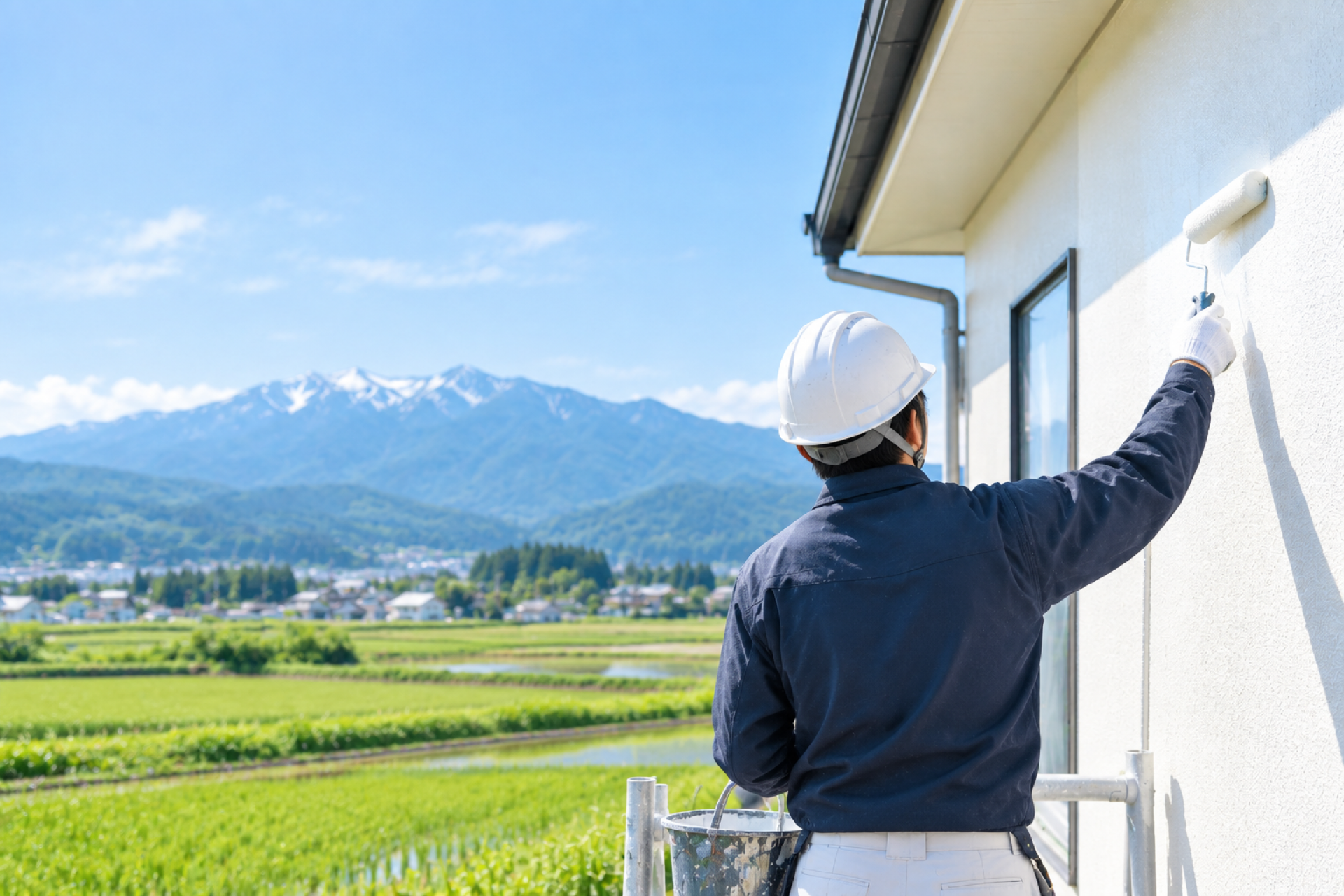 山並みと田園を背景に、白い外壁をローラーで塗装する作業員の後ろ姿